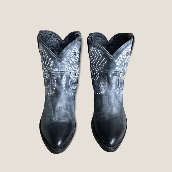 Frye Billy Stud/Diamond Black/Grey Short Festival Party Cowboy Short Ankle Boots - Picture 12 of 16